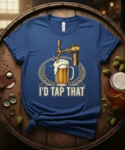 I'D TAP THAT funny beer quote on a blue t-shirt with a beer mug and tap graphic