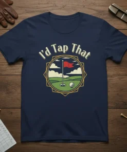 I'd Tap That golf quote t-shirt with a circular design featuring a golf course, flag, and ball