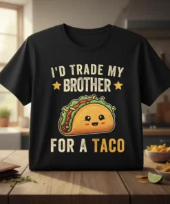 I'd Trade My Brother For A Taco humorous quote t-shirt with a cute cartoon taco graphic