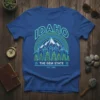 Idaho The Gem State T-Shirt with mountain and pine tree graphic, neon green and blue outline, EST 1980 text