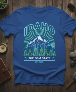 Idaho The Gem State T-Shirt with mountain and pine tree graphic, neon green and blue outline, EST 1980 text