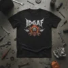 IDGAF text with flaming skull and wrenches graphic on a black t-shirt