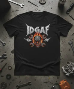 IDGAF text with flaming skull and wrenches graphic on a black t-shirt