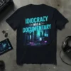 Idiocracy Was A Documentary text design on a black t-shirt, featuring a futuristic city skyline graphic