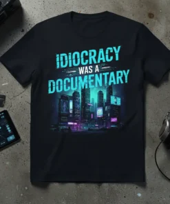 Idiocracy Was A Documentary text design on a black t-shirt, featuring a futuristic city skyline graphic