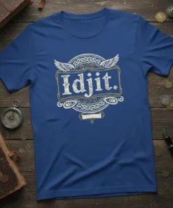 Idjit. t-shirt with distressed Celtic knot design and wings, vintage style, navy blue shirt