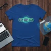 Royal blue t-shirt with neon green text "idk, google it" inside a search bar graphic, featuring a digital vortex design