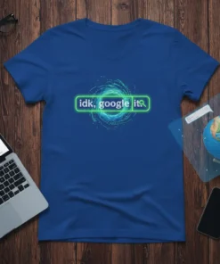 Royal blue t-shirt with neon green text "idk, google it" inside a search bar graphic, featuring a digital vortex design