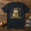 Capybara wearing sunglasses and scarf with text "IDK HOW MUCH LONGER I CAN SLAY" on a black t-shirt