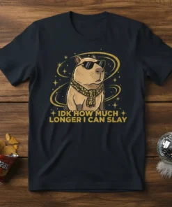 Capybara wearing sunglasses and scarf with text "IDK HOW MUCH LONGER I CAN SLAY" on a black t-shirt