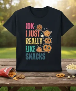 IDK I Just Really Like Snacks text with cute cartoon cookies and pretzels on a black t-shirt