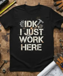 Black t-shirt with white distressed text "IDK, I JUST WORK HERE" and industrial graphics like gears and a hammer