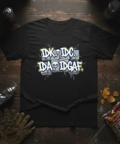 IDK IDC IDA IDGAF text with skull graphics in graffiti style on a black t-shirt