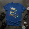 IDK IDC IDGAF text design with gold glitter and colorful geometric accents on a blue t-shirt