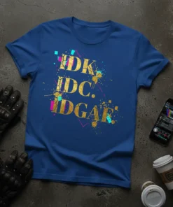 IDK IDC IDGAF text design with gold glitter and colorful geometric accents on a blue t-shirt