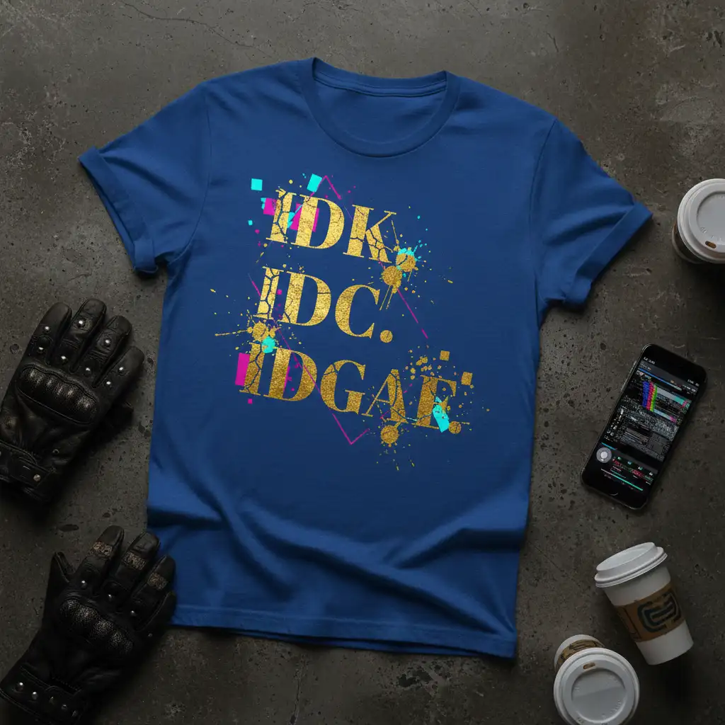 IDK IDC IDGAF funny quote design featuring gold glitter text and vibrant geometric accents on a royal blue tee