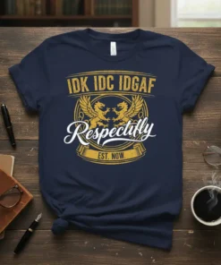 Navy blue t-shirt with "IDK IDC IDGAF Respectfully EST. NOW." text and golden griffin crest graphic