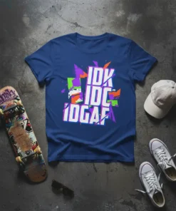 IDK IDC IDGAF text design with colorful abstract shapes on a blue t-shirt, featuring white bold lettering