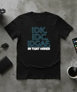 IDK. IDC. IDGAF. IN THAT ORDER detailed graphic design printed on comfortable cotton t-shirt