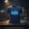 Navy blue t-shirt with "idk" text in glowing blue neon circuit board design