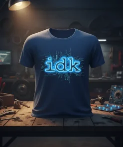 Navy blue t-shirt with "idk" text in glowing blue neon circuit board design