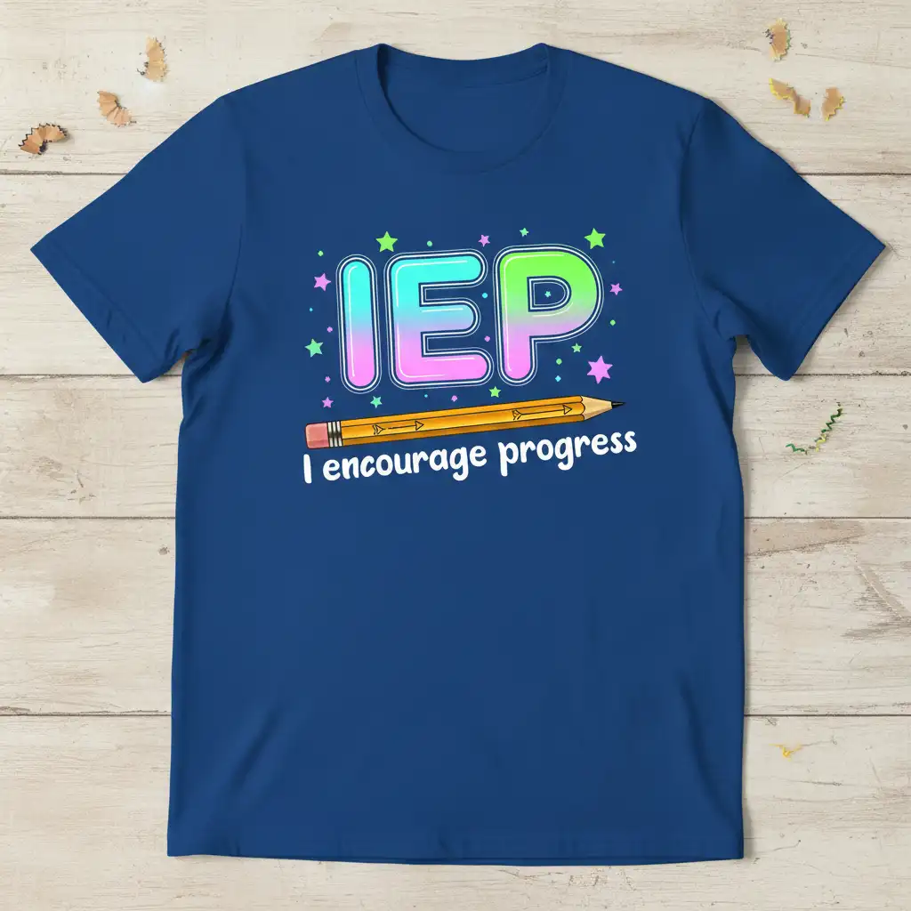 IEP I Encourage Progress quote on a t-shirt with a graphic pencil and stars, designed for educators