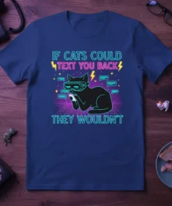 Black cat wearing VR goggles and holding a smartphone with text bubbles, featuring the quote "If Cats Could Text You