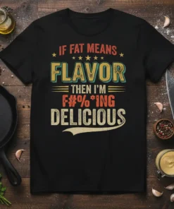 If Fat Means Flavor Then I'm F#%*ing Delicious quote on a black t-shirt, featuring retro typography and stars