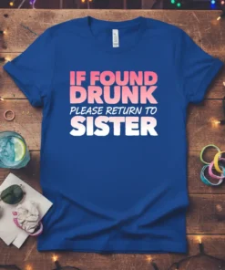 Blue t-shirt with pink and white gradient text reading "IF FOUND DRUNK PLEASE RETURN TO SISTER"