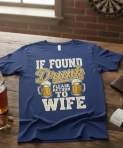 If Found Drunk Please Return To Wife text with beer mug graphics on a blue t-shirt