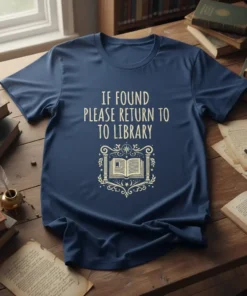 Navy t-shirt with "If Found Please Return To Library" text and an open book graphic