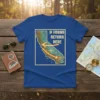 California map t-shirt with "If Found Return Here EBM Falls" text and travel route graphic