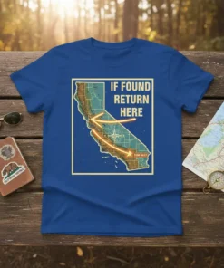 California map t-shirt with "If Found Return Here EBM Falls" text and travel route graphic