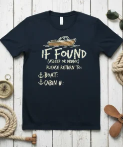 If Found (Asleep Or Drunk) Please Return To Boat Cabin #: funny boat owner t-shirt with nautical design and text