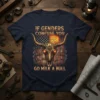T-shirt with the phrase "IF GENDERS CONFUSE YOU GO MILK A BULL" above a steampunk bull skull and American flag
