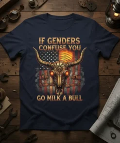 T-shirt with the phrase "IF GENDERS CONFUSE YOU GO MILK A BULL" above a steampunk bull skull and American flag