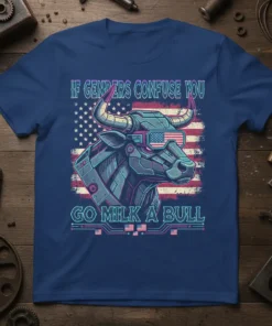 Robotic bull wearing American flag sunglasses with text "If Genders Confuse You Go Milk A Bull" on a navy t-shirt