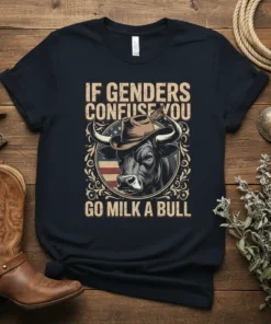 If Genders Confuse You Go Milk A Bull text with a bull wearing a cowboy hat on a dark navy