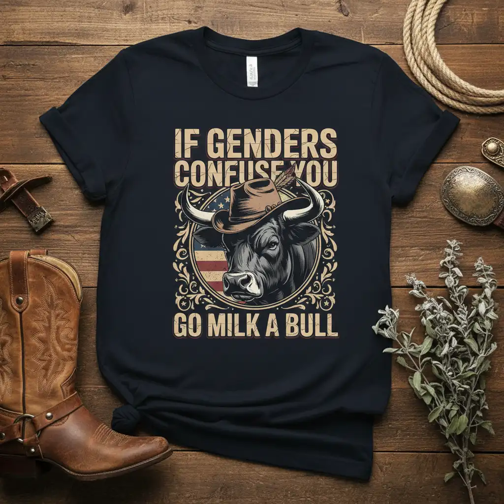 If Genders Confuse You Go Milk A Bull quote on a t-shirt with a bull graphic