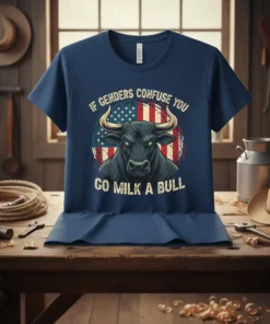 T-shirt with "If Genders Confuse You Go Milk A Bull" text and a fierce bull graphic with American flag background