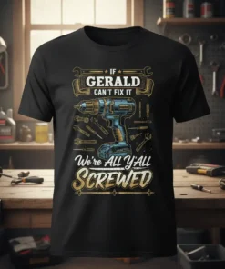 If Gerald Can't Fix It We're All Y'all Screwed t-shirt with a drill and tools graphic