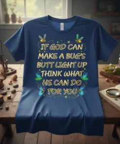 Inspirational quote "If God Can Make A Bug's Butt Light Up Think What He Can Do For You" with firefly