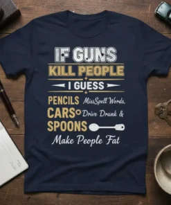 T-shirt with "If Guns Kill People I Guess Pencils MissSpell Words, Cars Drive Drunk & Spoons Make People Fat" quote