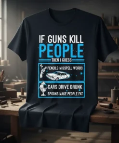 T-shirt with the quote "IF GUNS KILL PEOPLE THEN I GUESS PENCILS MISSPELL WORDS CARS DRIVE DRUNK SPOONS MAKE PEOPLE