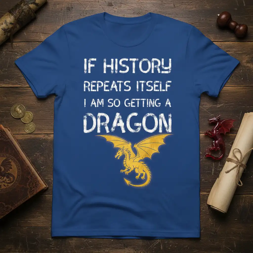 If History Repeats Itself I Am So Getting A Dragon quote with yellow dragon graphic on blue t-shirt