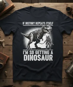 If History Repeats Itself I'm So Getting A Dinosaur quote on a black t-shirt with T-Rex and soldier graphic