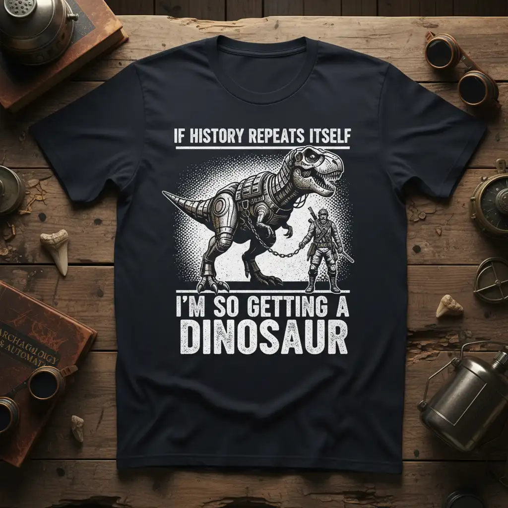 If History Repeats Itself I'm So Getting A Dinosaur quote with T-Rex and soldier graphic on black tee
