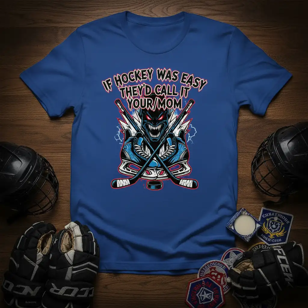If Hockey Was Easy They'd Call It Your Mom quote on a blue t-shirt with aggressive monster and hockey gear graphic