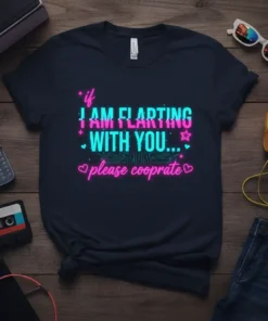 Neon text design that reads "if I AM FLARTING WITH YOU... please cooprate" on a dark t-shirt