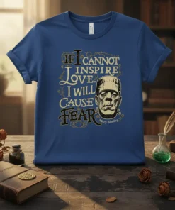 Frankenstein's monster with quote "If I Cannot Inspire Love I Will Cause Fear" by Mary Shelley on a blue t-shirt